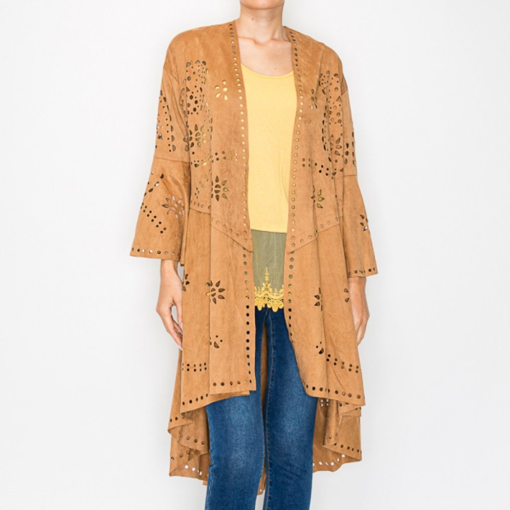 New Origami Faux Suede Duster Jacket Kimono Cardigan Western Boho Laser Cut S-2x